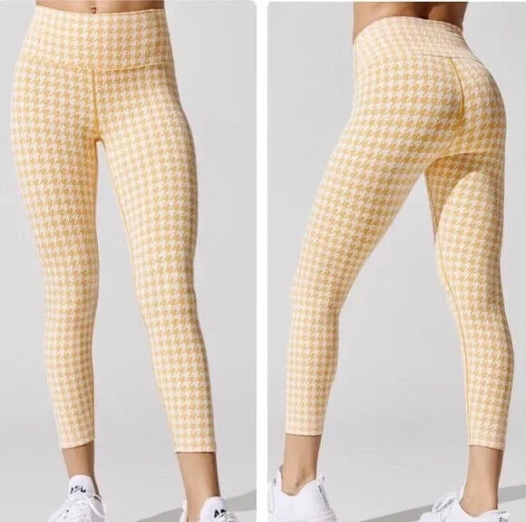 Carbon38 Leggings Womens Small Yellow Houndstooth Jacquard 7/8 Crop High  Rise