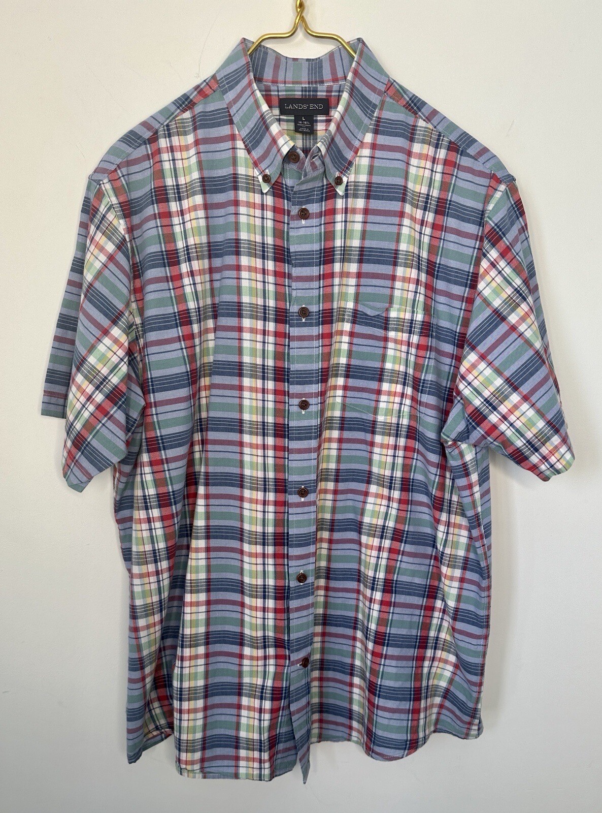 Lands’ End Colorful Blue Plaid Cotton Short Sleeve Button Up Shirt Men’s Large