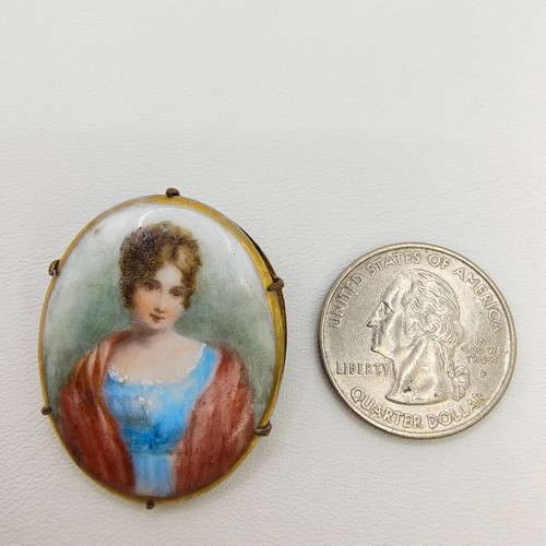 Regency Era Portrait Brooch Hand Painted Porcelain Woman Empire Style Vintage  - Foto 5 di 15