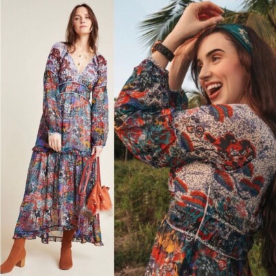 anthropologie v neck tiered maxi dress By Anthropologie Ruffle-Sleeve V-Neck Embroidered Tulle Tiered Maxi Dress