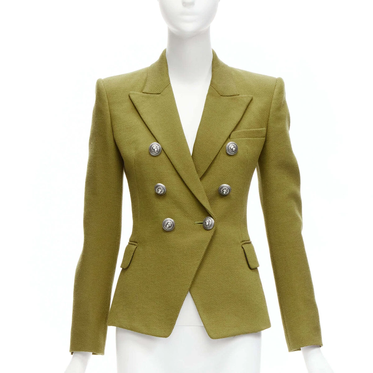 BALMAIN green silver lion button double breasted military blazer