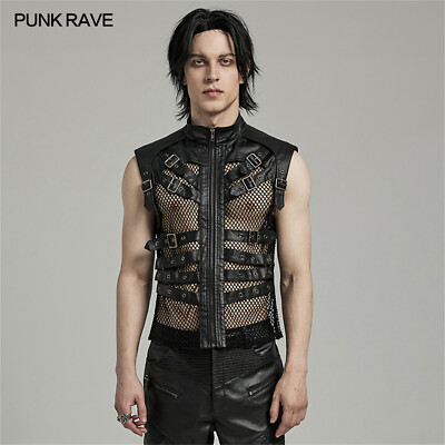 PUNK RAVE Men Black Gothic Punk Handsome Mesh Leather Loop Hollow