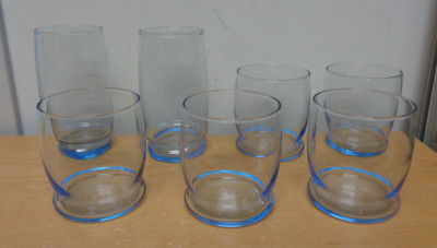 Set Of 7 Vintage Libby Prime Time Blue 5'' & 3 1/4''glasses