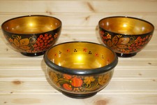 Russian Khokhloma (3) Footed Bowls  5 3/4" & 5 1/4"   (Set #9 B10)