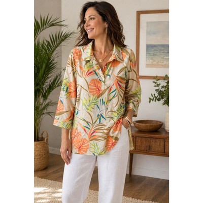 Tropical Print Blouse XL Beige Button Front Shirt Lightweight Resort Top