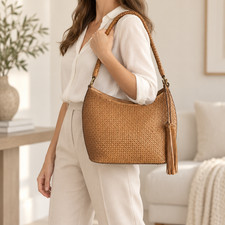 Patricia Nash Castelli Woven Leather Handbag Sand W Tassel Accent Nwt