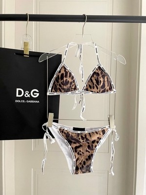 Dolce & Gabbana Women's Bikini Set Leopard Print Branded Trim Triangle Top Tie