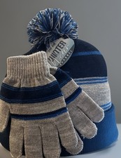 Kids Navy Gray White Striped Cuffed Beanie Gloves Set Knit Pom Winter NWT