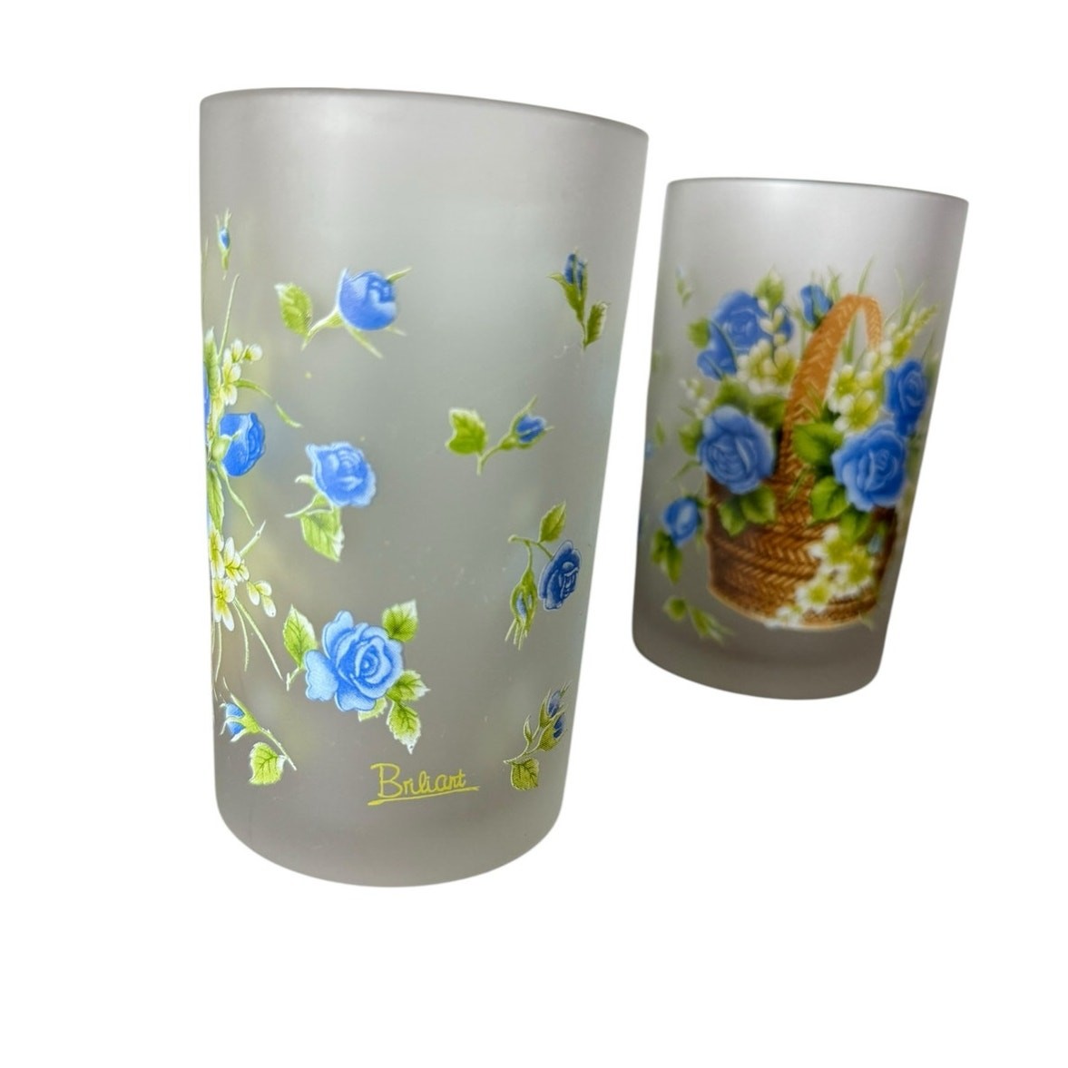 Vintage MCM Brilliant Brand Frosted Pitcher and 6 tumbler set Blue Roses Floral 