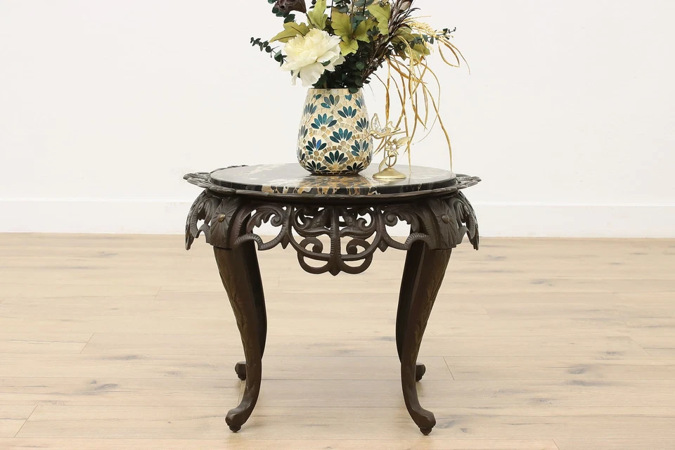 Mesa de centro de patio victoriana vintage de hierro fundido y mármol #52500 Foto 2 de 4