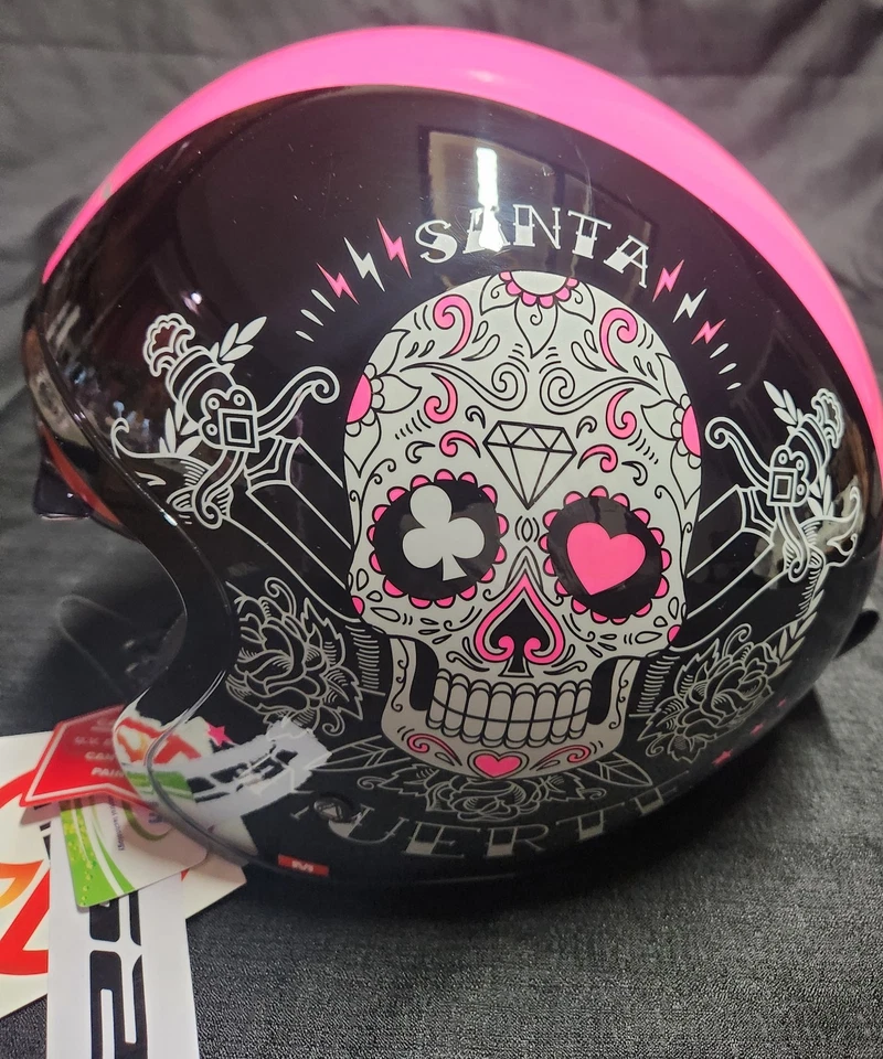 LS2 Spitfire Rosa Muerte Cara Abierta Casco Motocicleta Nuevo con Etiquetas Gráficos "Cráneo de Azúcar" Foto 2 de 4