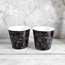 Pair of Ceramic Round Abstract Cubism Face Pot Indoor Plant Pots Black & White 