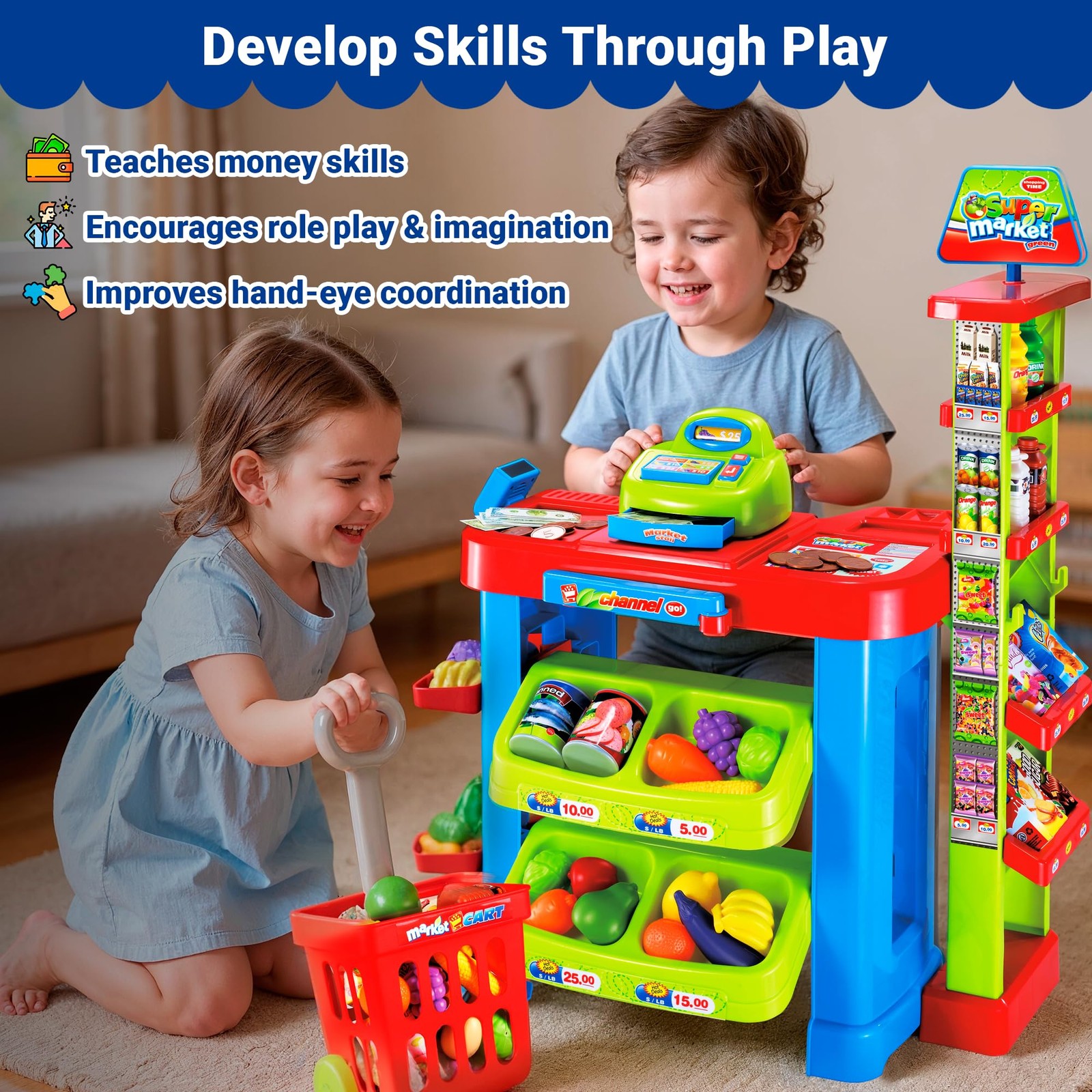 как выглядит Grocery Store Playset for Kids - Toy Shopping Cart, Cash Register Food фото