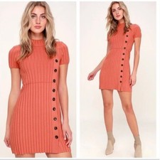 FREE PEOPLE Lottie Coral Ribbed Button Front Mock Neck Sweater Dress Sz M {U52}