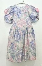 VTG Girls Floral Puff Sleeve Drop Waist Dress White Blue Pink Rosettes