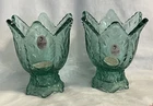 Vintage Fenton Art Glass Tulip Shape Aqua GreenTwo Way Votive/Candle Holders (2)