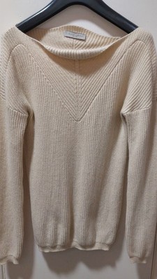 Stella McCartney Damen Off-Shoulder Grobstrick Rippstrick Schurwolle Creme Gr. S