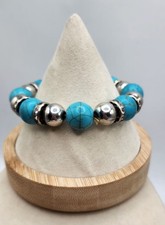 10mm Faux Turquoise Bead Stretch Bracelet With Silver Tone Beads Crystal Accen