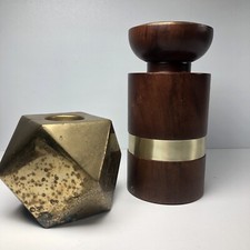 MCM Style Candle Holders Geometric Brass Votive And Wood Pillar Candle Stand