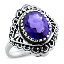 ANTIQUE STYLE 925 STERLING SILVER LAB-CREATED AMETHYST FILIGREE RING    1108z