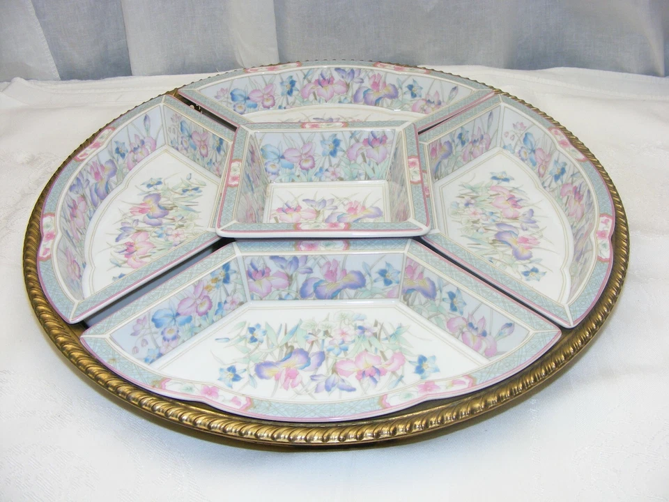 Vintage International Brass 15" Orderve Tray w 5 Porcelain Insert Bowls Japan - Image 2 of 4
