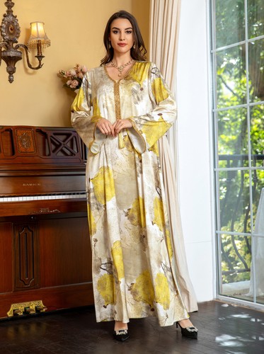 Elegant Women Dubai Jalabiya Gown Muslim Printed Dress V-neck Abaya Kaftan S-2XL - Picture 6 of 30