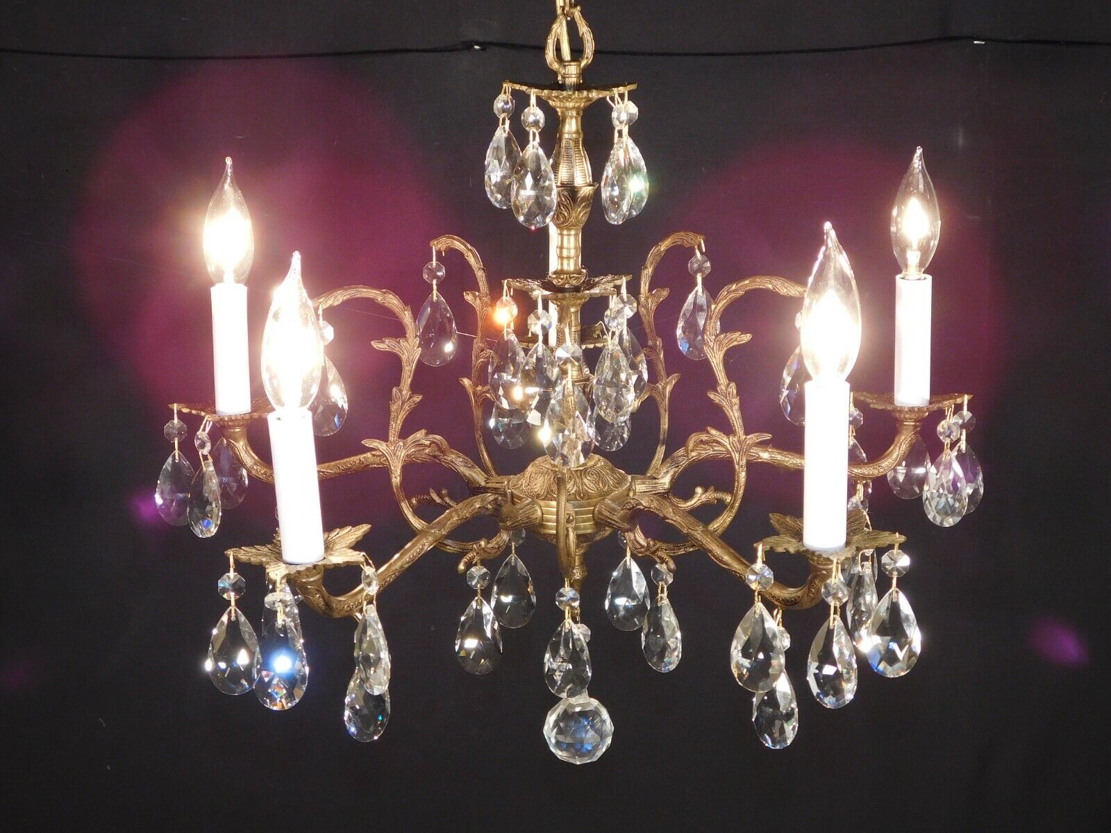 Antique French Brass 5 Arm 5 Lite SHIMMERING Cut Lead Crystal Chandelier