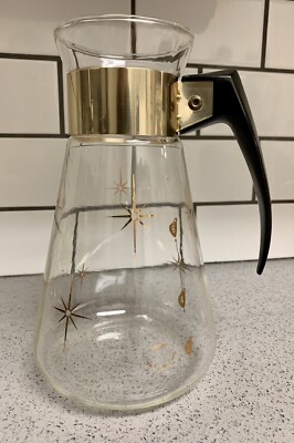 Vintage 6 Cup Corning Glass Coffee/Tea Carafe - Gold Atomic Starburst - MCM