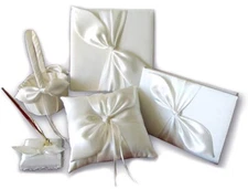 A+ Ivory Satin Bow Bridal Wedding Ring Pillow Flower Girl Basket Guest Book Pen