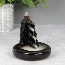 Image of Bamboo Waterfall Backflow Calming Black Ceramic Incense Cone Burner Ornament
