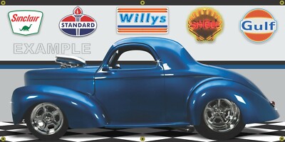 1941 WILLYS COUPE METALLIC BLUE GARAGE SCENE BANNER SIGN ART MURAL VARIOUS SIZES