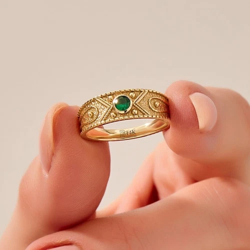 Gold Emerald Band Ring, Solid Gold Byzantine Ring for Women, Medieval Ring