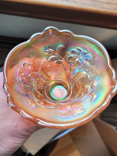 Awesome Marigold Dugan Carnival Glass Amaryllis Compote COLOR!!!