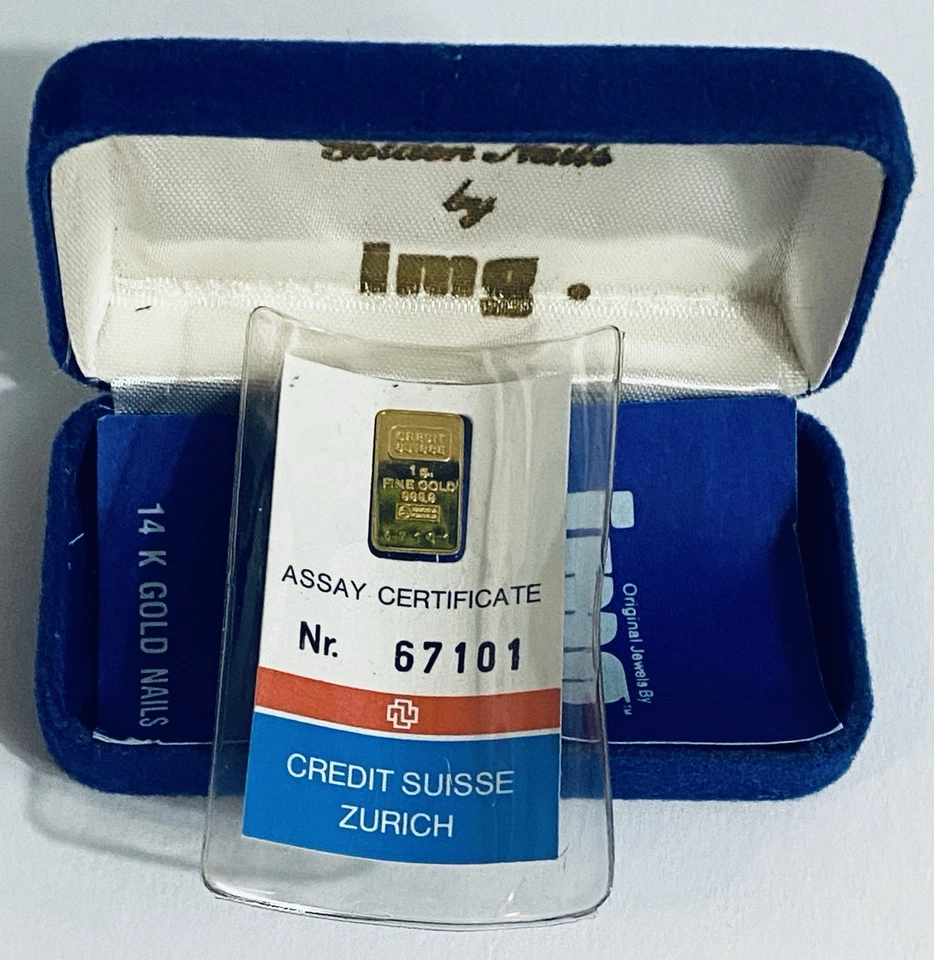 瑞士信贷 1 克 0.9999 金条 14k 金色带盒 1981 — 第 3/4 张图片