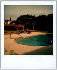 Vtg Polaroid Snapshot Photo Swimming Pool Tiki Hut Thatched Roof Backyard