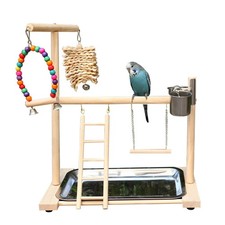 Bird Stand, Natural Wood, Parrot Playground with Removable Tray  2 Stainless...