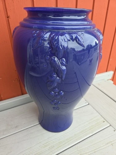 VINTAGE Anchor Hocking  16" cobalt Blue Floral  Glass Enameled Floor Vase