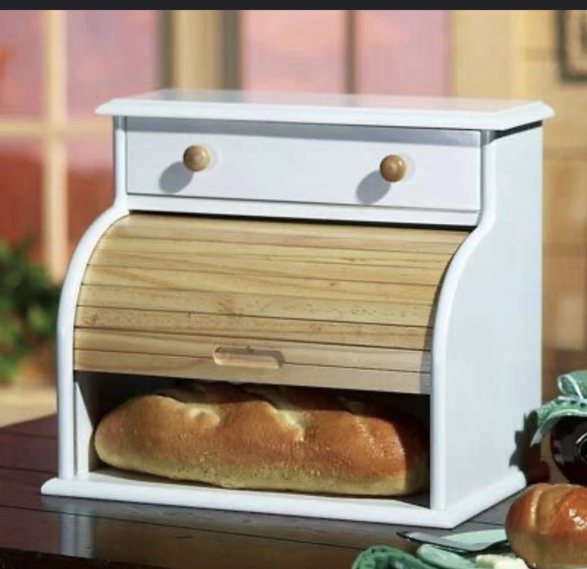 Collections ETC Farmhouse Breadbox Vintage Style Bamboo Roll top Cover