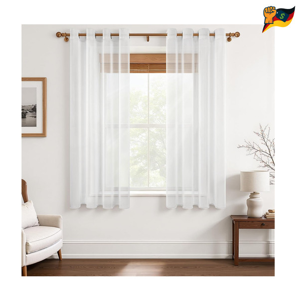 Voile Gardinen Vorhang Halbtransparent 145×140Cm 2Er Set Weiß Leinenoptik ÖSen-image