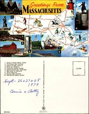 Greetings Massachusetts map lighthouse Mayflower Minute Man multi-view 1970s