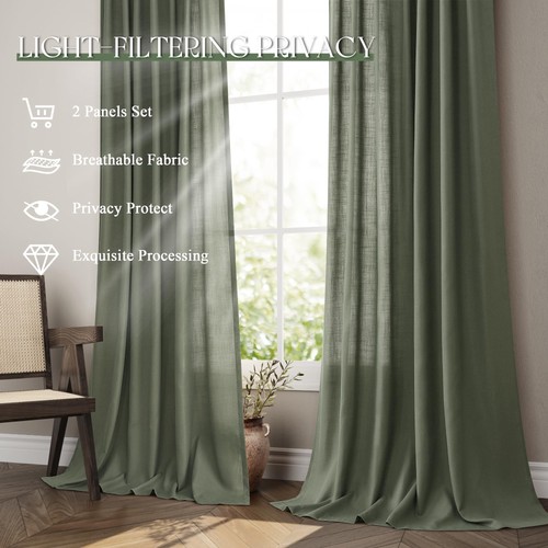 Olive Green Linen Curtains 95"L 2 Panels Modern Farmhouse Living Room - Picture 4 of 9
