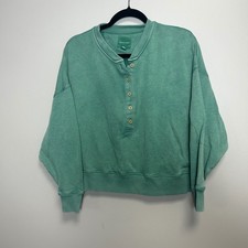 American Eagle Women Green Henley Sweatshirt Waffle Knit Fleece Pullover XS