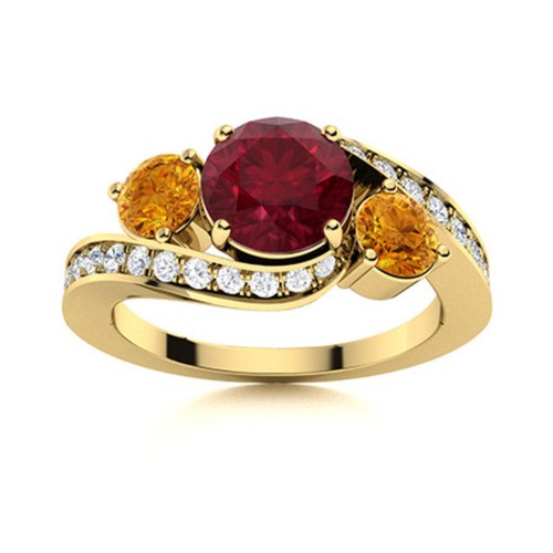 5MM Round Shape Ruby & Citrine 925 Silver Gold Plated Three Stone Women Ring