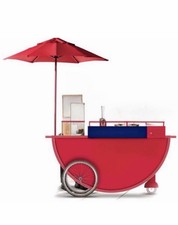 Red Mobile Food Service Cart w/ Umbrella, Wheel & Service Counter