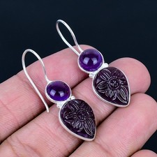 Amethyst Carving 925 Silver Plated Handmade Earrings of 1.58
