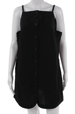 Aligne Women Shift Shirt Dress Black Square Neck Button Linen Blend Size 8