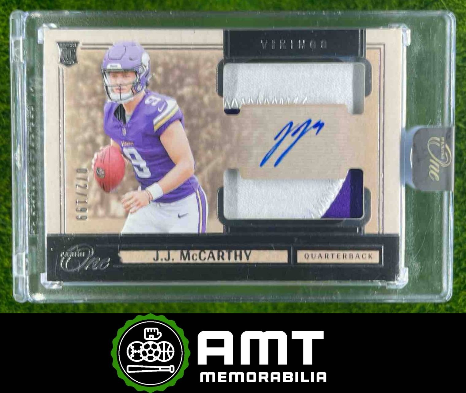J.J. McCarthy 2024 Panini One 72/199 Rookie Dual Patch Auto Minnesota Vikings 31