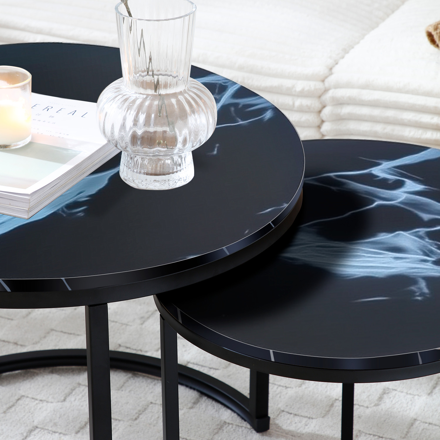 Nesting Coffee Table Round Side Table Set of 2 Marble Pattern Wooden Tables NEW