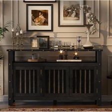 55" Pine Buffet Cabinet with 3 Doors & Metal Rivets, Rustic Sideboard,Black