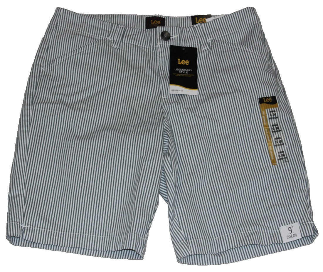Lee Bermuda Mid Rise Shorts Women's Size 6M White Gray Striped Soft Stretch NWT